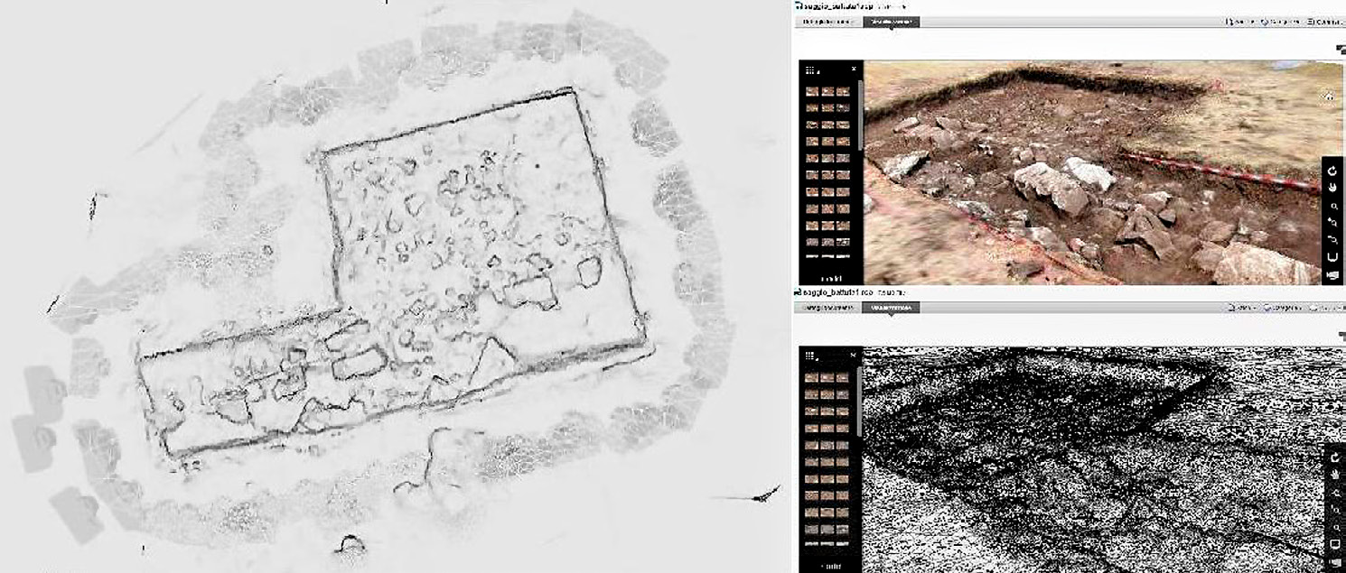 Fig. 8 – Calicantone, Saggio di scavo B, battuta1. Sequenza fotografica necessaria per l’acquisizione. Ricostruzione mesh in visualizzazione texture. Ricostruzione mesh in visualizzazione wireframe (ReCap Photo).