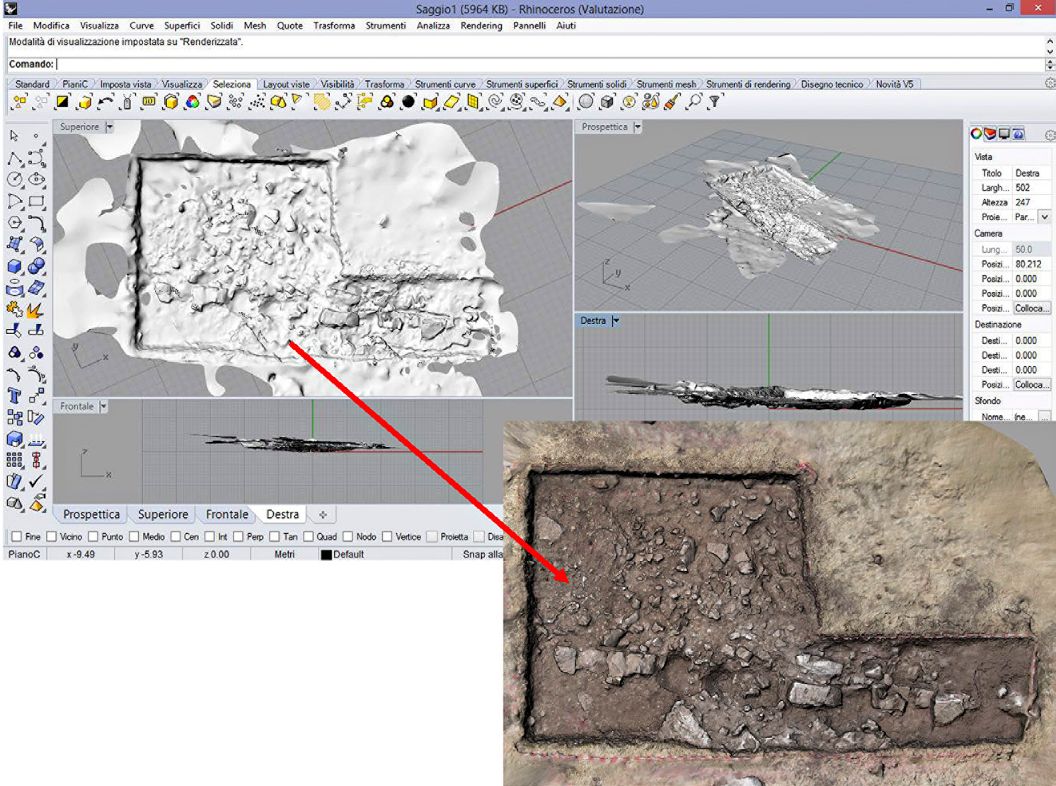 Fig. 9 – Calicantone, Saggio B. Impostazione delle viste in Rhinoceros e ortofoto scalata in AutoCAD.