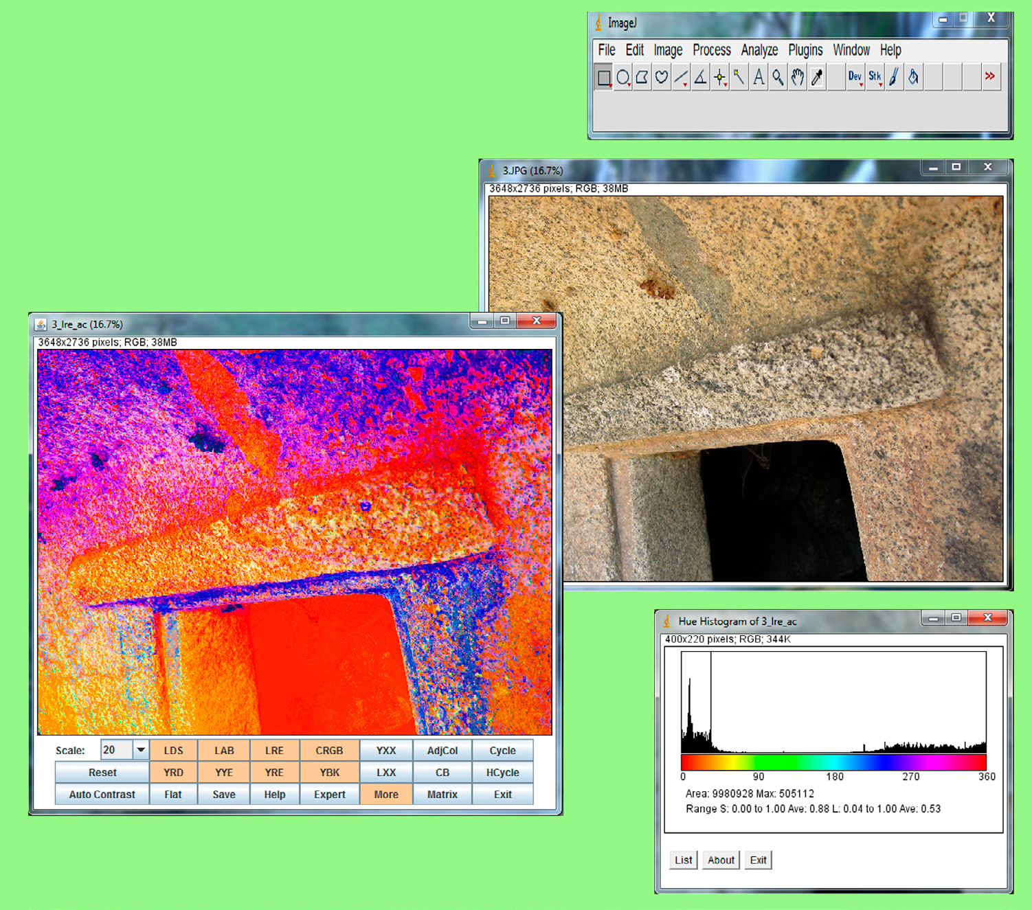 Fig. 1 – Esempi di schermate dell’applicazione DStretch sulla foto digitale della domus de janas di Perdonighèddu.