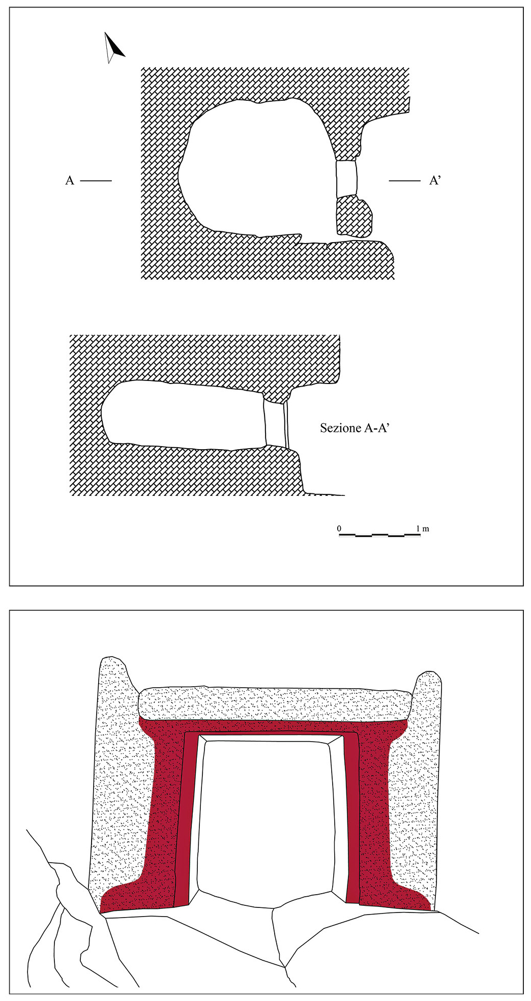 Fig. 4 – a) Pianta e sezione della sepoltura. b) Vista frontale del portello della tomba con la ricostruzione degli stipiti dipinti (disegno M. Fernández Ruiz).