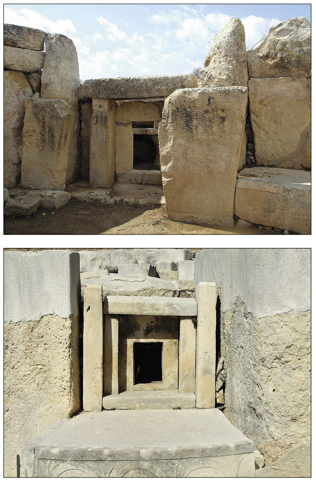 Fig 8 – Ingresso dei templi dell’isola di Malta. a) Mnajdra. b) Tarxien (foto L. Spanedda).