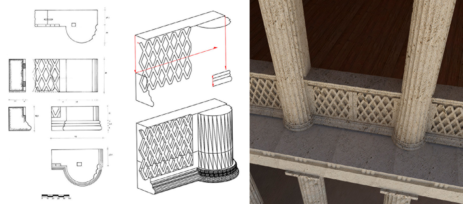 Fig. 3 – 3D models derived from 2D drawings (on the left, 2D drawings by A. Abate and O.S. Cannistraci).