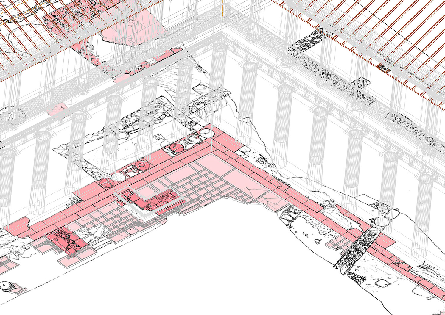 Fig. 4 – 3D reconstruction of the agora overlaid on 2D georeferenced planimetry (2D planimetry by C. Cassanelli).