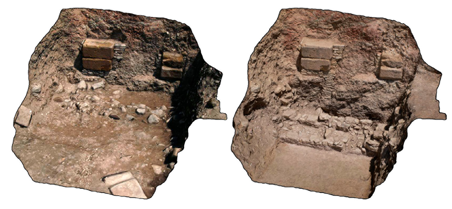 Fig. 7 – Central part of the North stoa: reality-based model before (left) and after the removal of the layer of collapse.