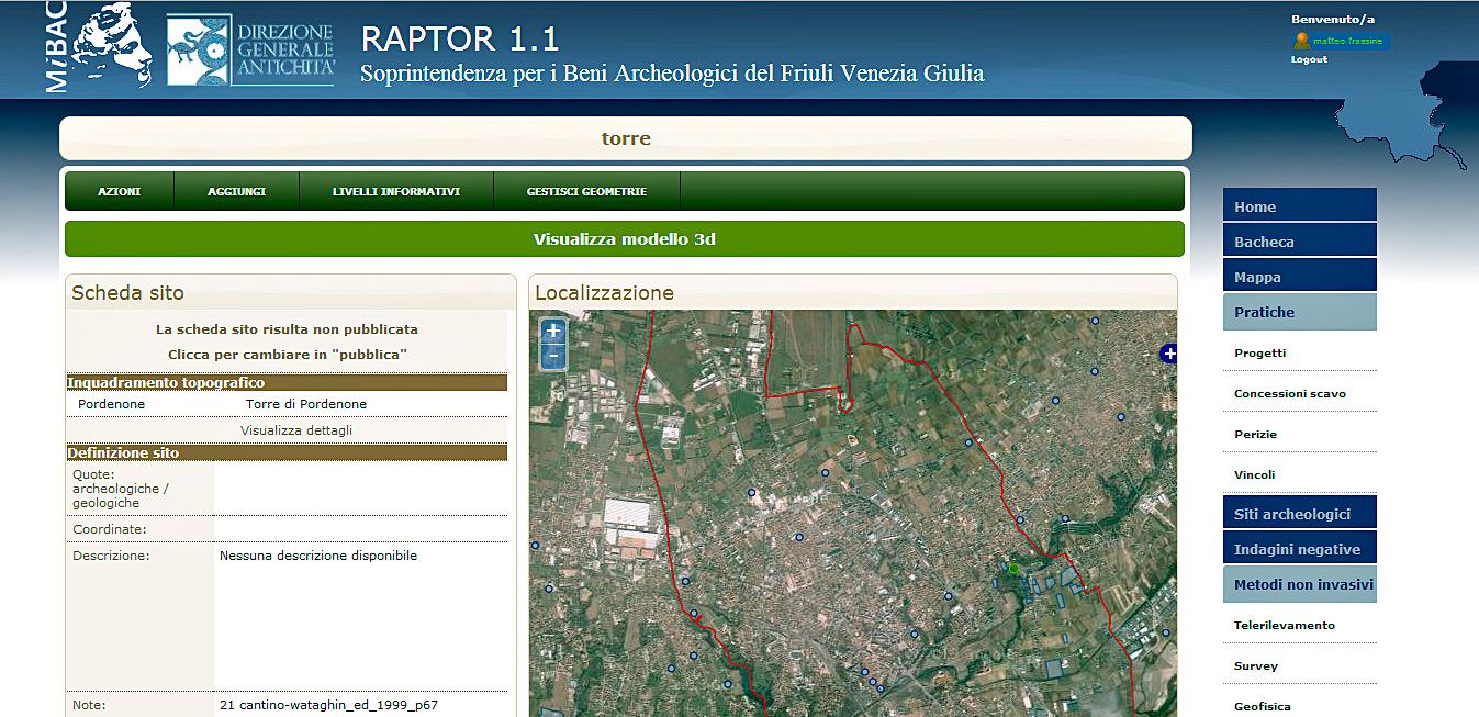 Fig. 9 – Scheda Sito di RAPTOR con la barra per la visualizzazione del modello 3D.