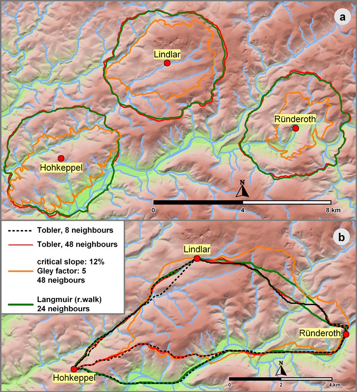 Fig. 1 – (a) Site catchments and (b) LCPs applying anisotropic LCA algorithms and some of the cost functions depicted in Fig. 3.