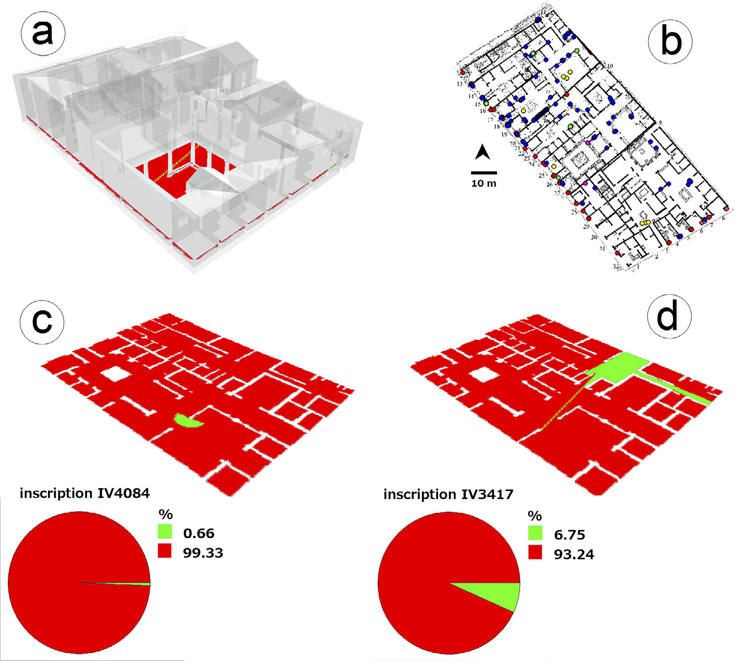 Fig. 2 – 3D reconstructed model of the house imported in GIS and used as a basis to perform visual analysis (a). Target wall inscriptions were placed based on information previously collected in bi-dimensional GIS (b). Results obtained from the analysis of the two examined inscriptions (c, d).