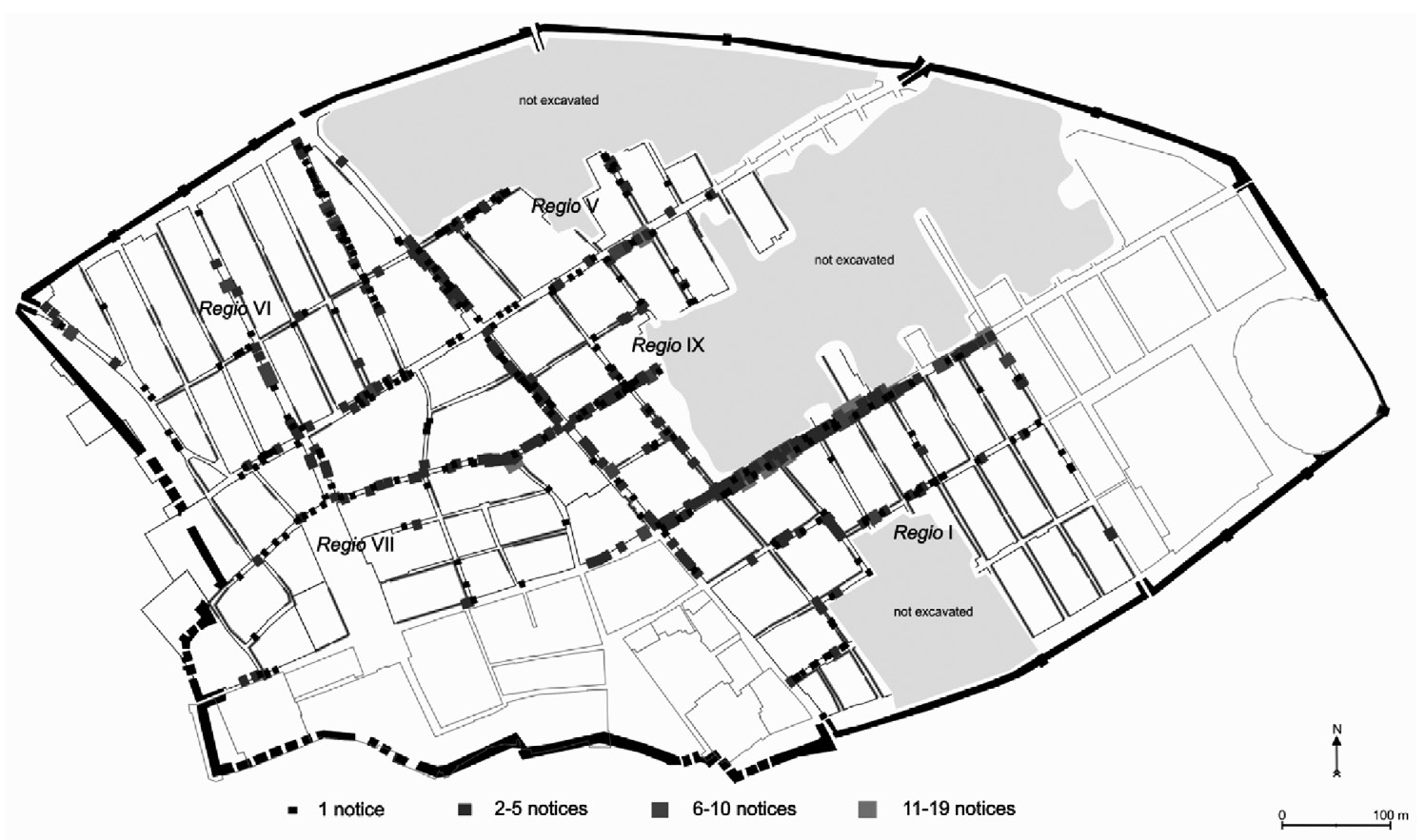 Fig. 1 – The distribution of electoral notices in Pompeii. Walls without doors are indicated with thicker line (Map: E.-M. Viitanen).