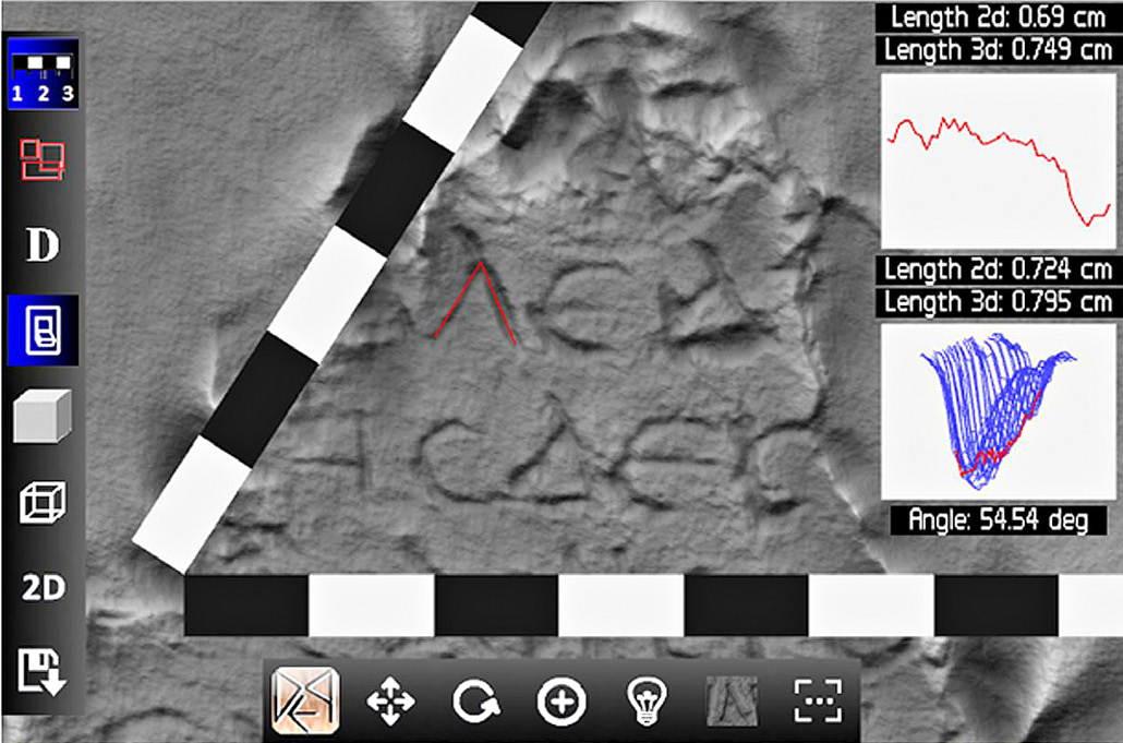 Fig. 2 – This screenshot shows how the corresponding 3D model of the squeeze can be used to make measurements on the 3D reconstructed surface.