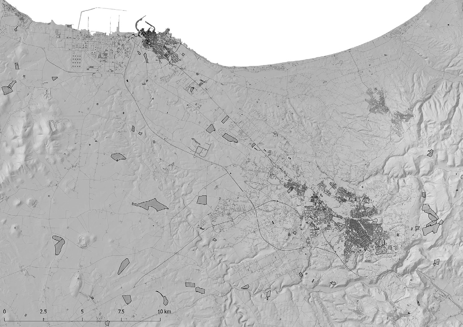 Fig. 1 – Sardinia. Municipalities of Sassari and Porto Torres. Representation of the archaeological constraints on a DEM taken from the SITAN geodatabase (SAR).