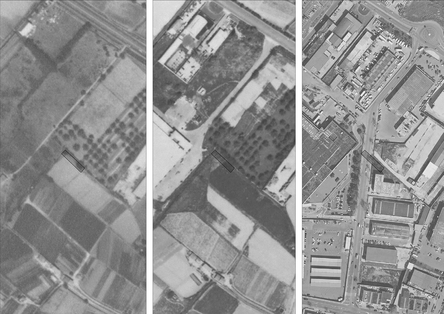 Fig. 3 – Roman aqueduct in a peripheral area of Sassari - Sardinia. Pressure of craft area on the archaeological constraint. Aerial photography 1968, 1977 and 2008.