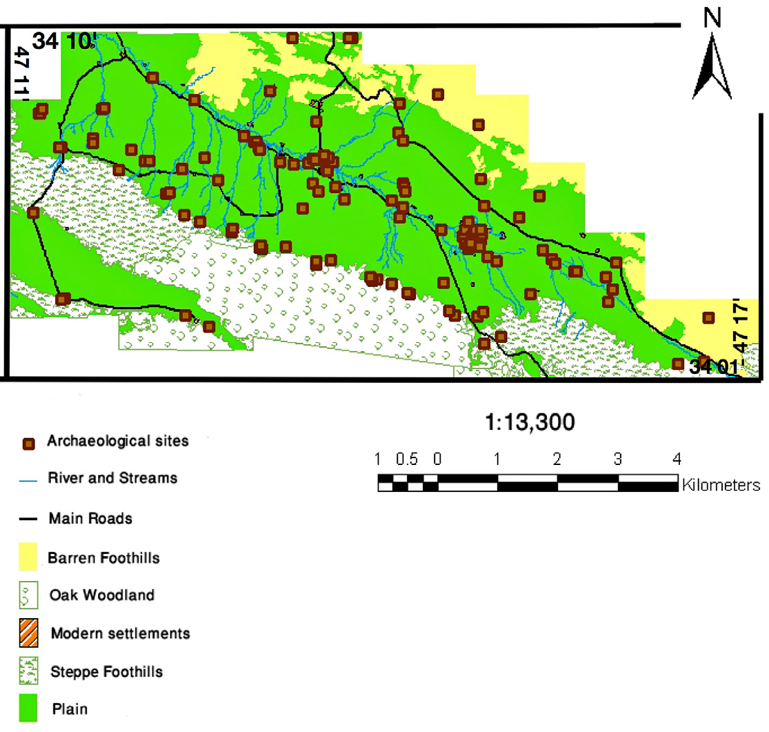 Fig. 3 – Prehistoric sites in relation to the different environs of Sarfirouzabad area.