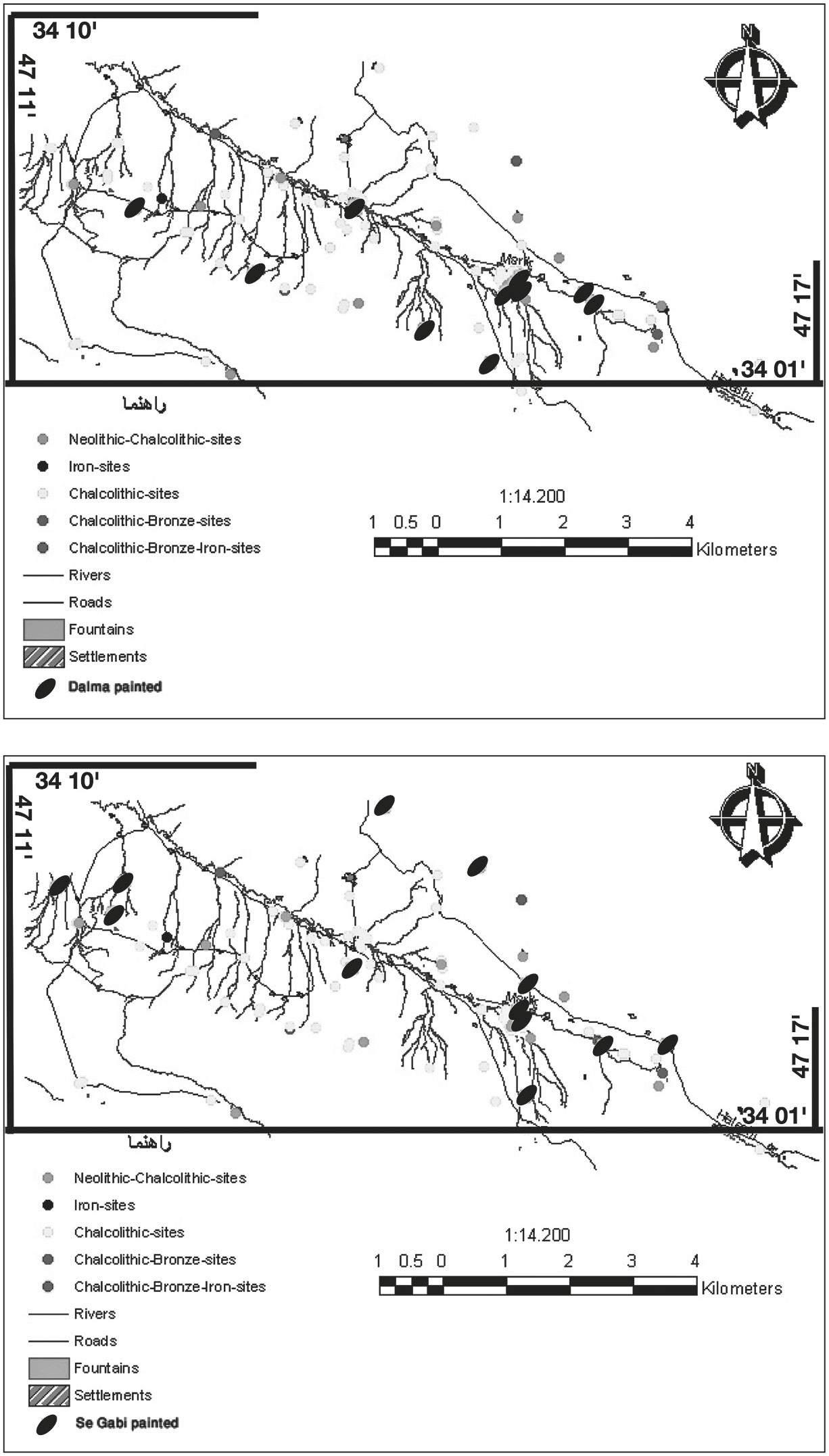 Fig. 6 a, b – Distribution of different Chalcolithic pottery styles in Sarfirouzabad area.