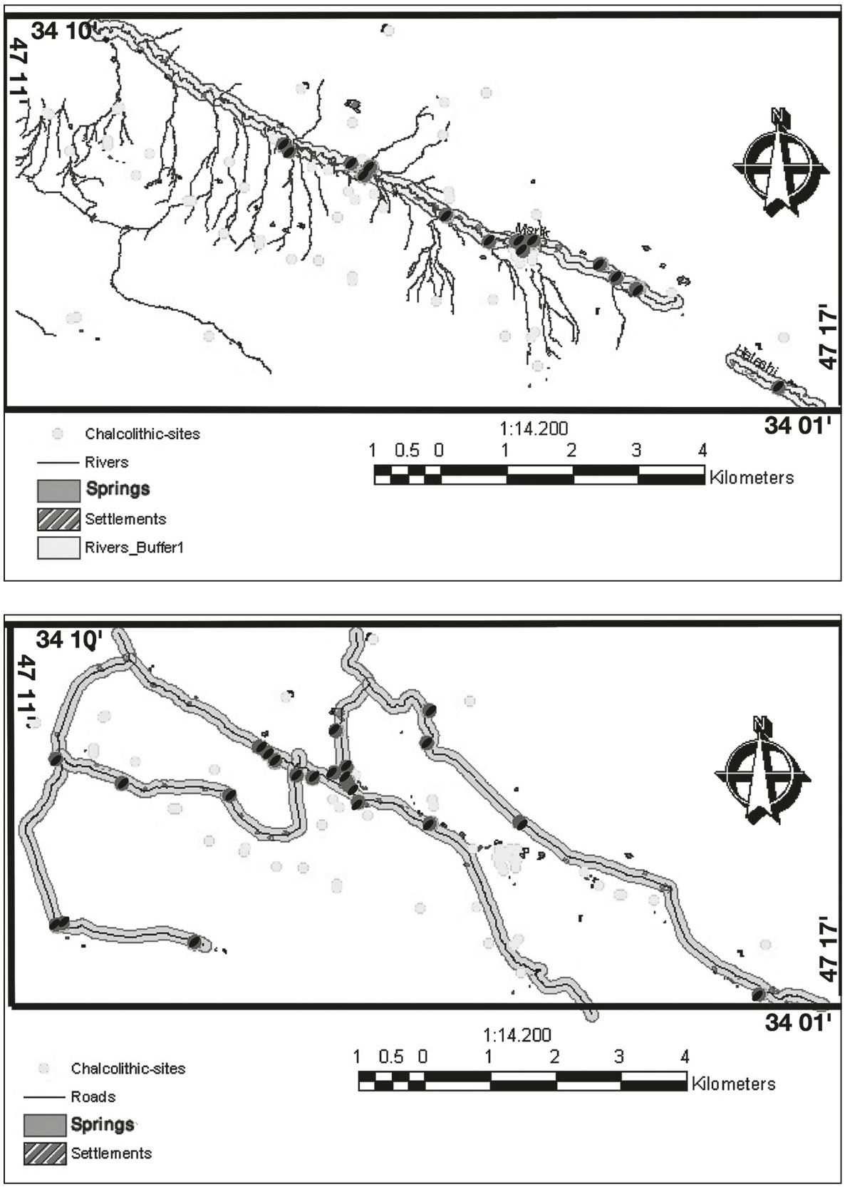 Fig. 8 – River and natural tracks buffering in relation to the Chalcolithic sites of Sarfirouzabad.