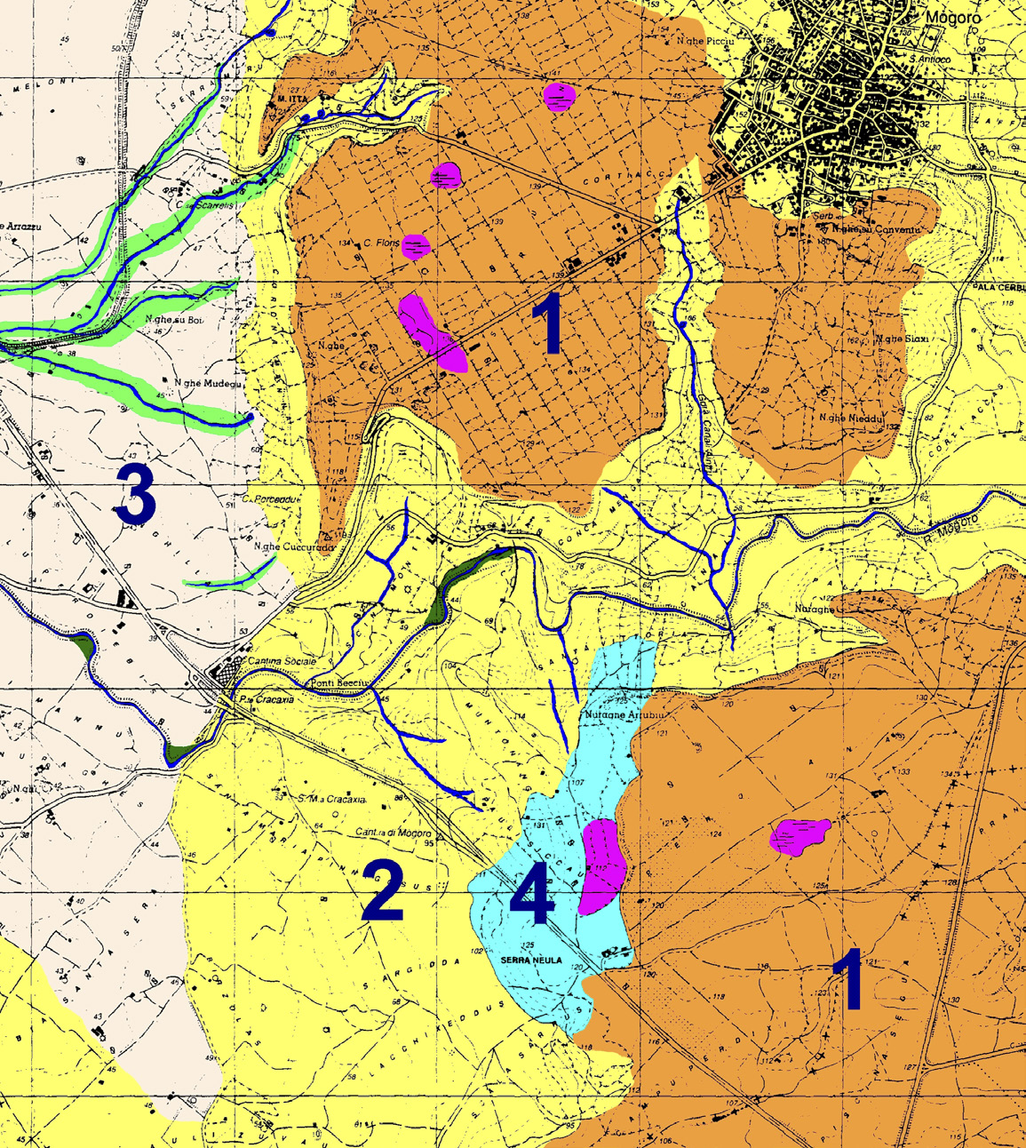 Fig. 4 – Territorio di Mogoro, Landform units: 1) pianori basaltici di Sa Struvina (NO) e Perdiana (SE); 2) valle del Rio Mogoro; 3) pianura del Campidano; 4) formazioni marnose e calcari (elaborazione R. Cicilloni).