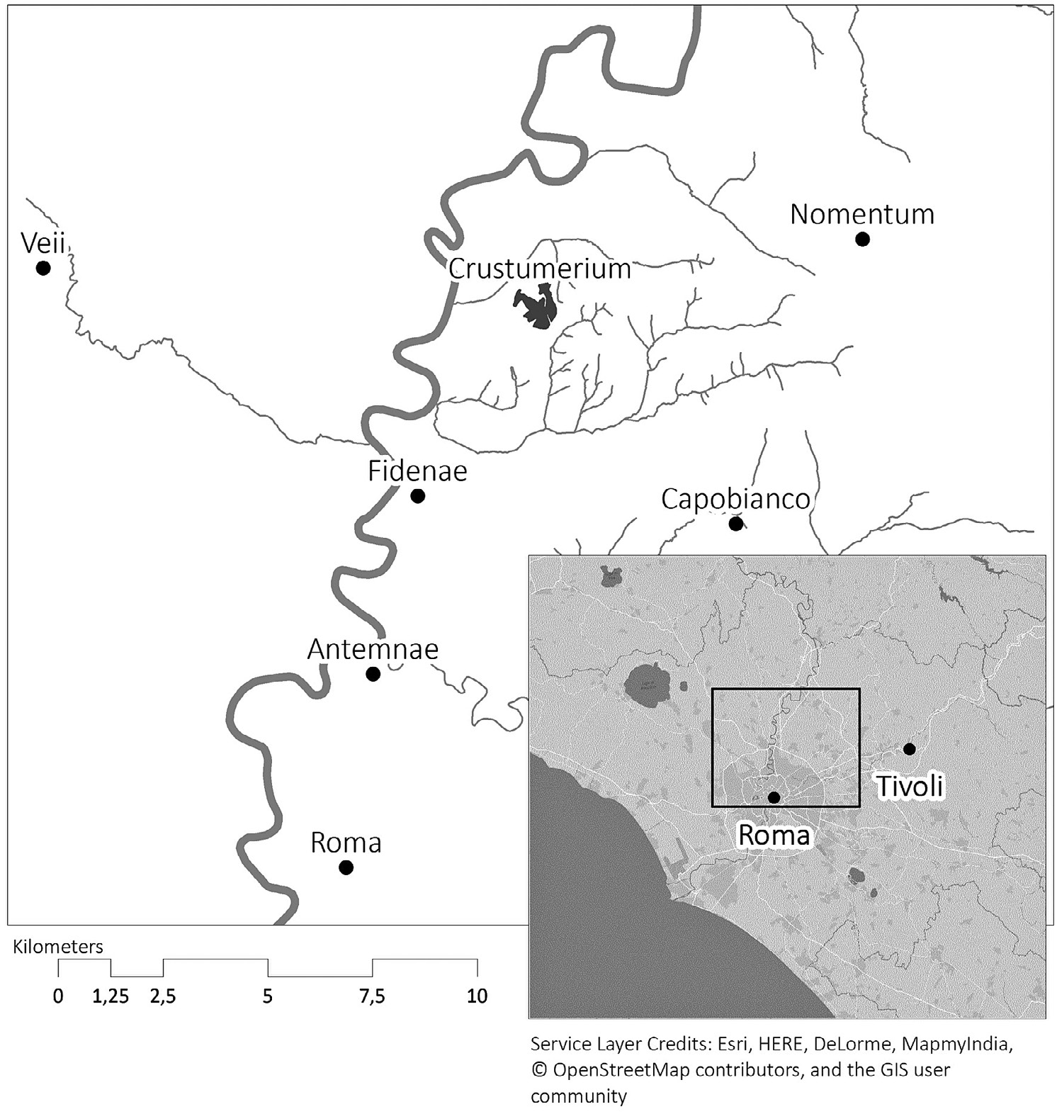 Fig. 1 – The location of Crustumerium in Central Italy with contemporary Iron Age settlements.