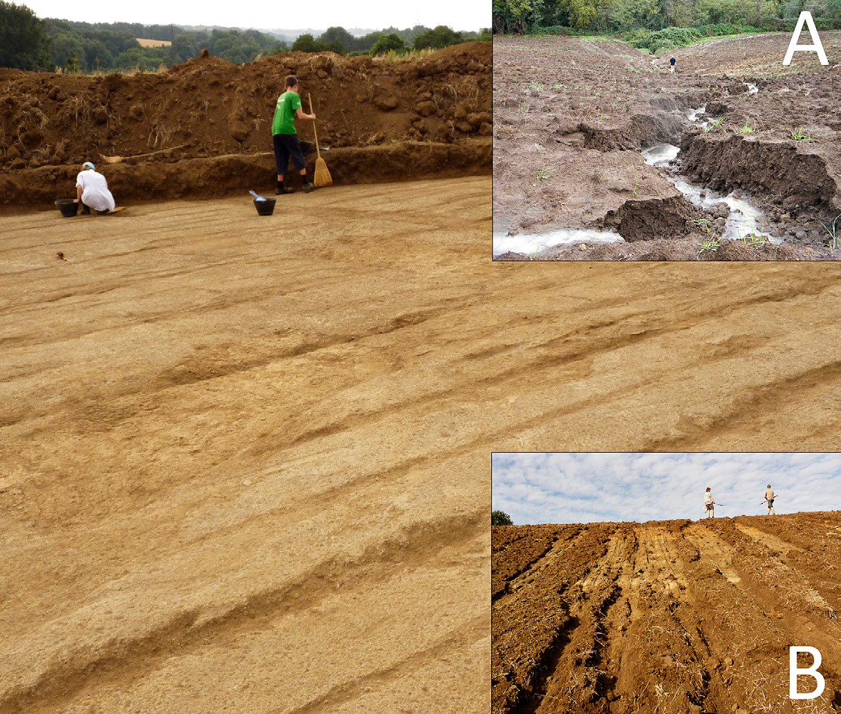 Fig. 2 – Excavation of the Monte Del Bufalo burial ground showing evidence for plough erosion and the thin layer of top soil. Rill and gulley erosion caused by heavy rainfall in the winter of 2013 and 2011, in GIA survey areas to the N-W (A) and S (B) of Crustumerium respectively.