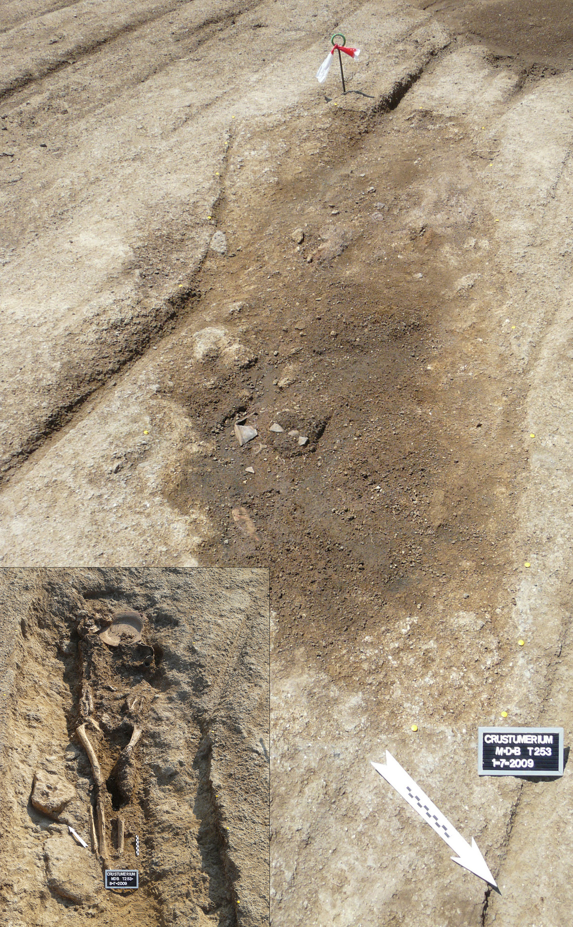 Fig. 3 – Photograph of tomb 253 on the Monte Del Bufalo cemetery before and after excavation (bottom left). The tomb has nearly disappeared due to decades of repeated ploughing, indicating that all archaeology and geology at several meters from the original surface may have been destroyed.