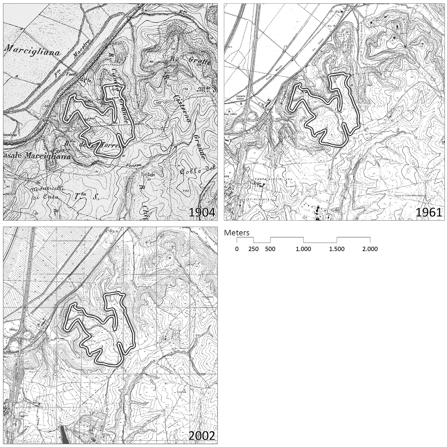 Fig. 4 – Overview of the three cartographical sources used in the analysis (see Table 1), compiled from sources of the Istituto Geografico Militare, Università di Roma “La Sapienza” and Sistema Informativo Territoriale Archeologico di Roma.