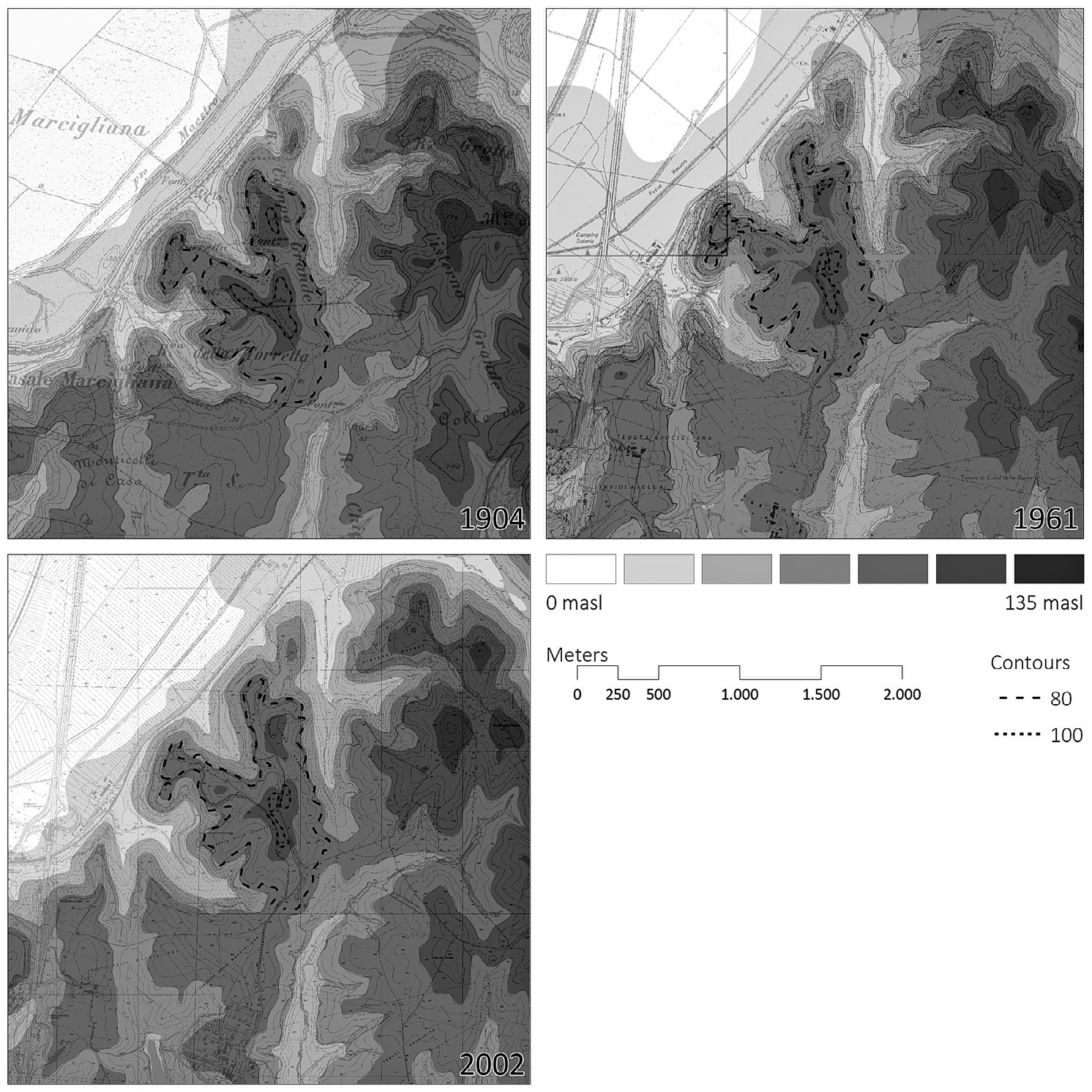 Fig. 5 – The digital elevation models acquired from the three topographical maps used in the analysis.