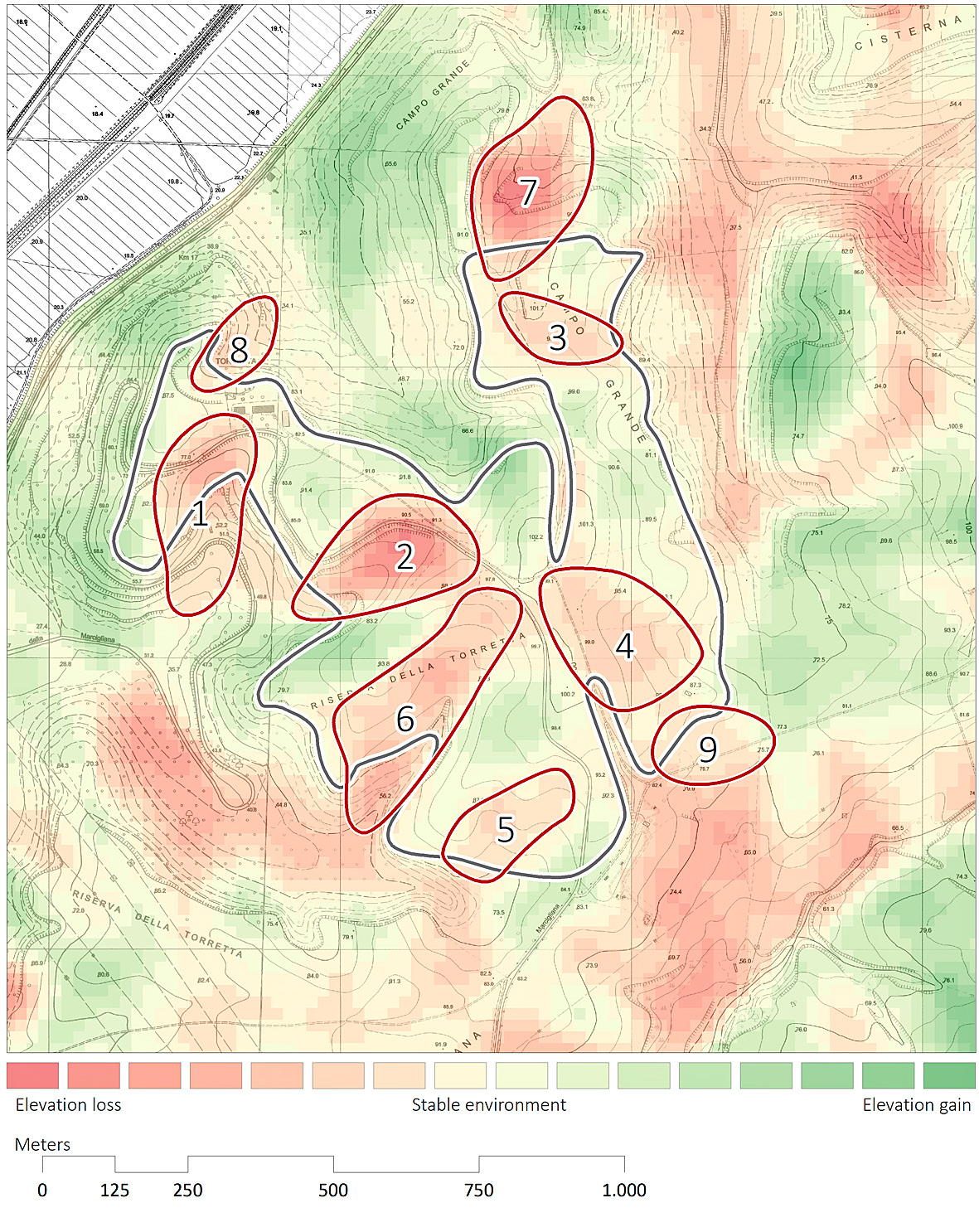 Fig. 6 – The differential digital elevation model acquired from the comparison of elevation data of 1904 and 1961.