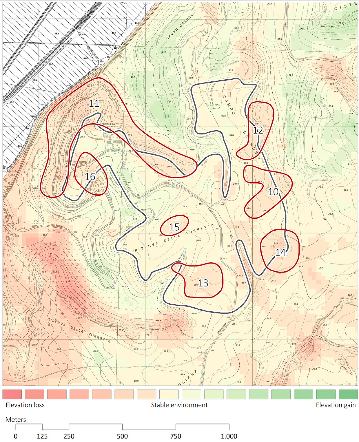 Fig. 8 – The differential digital elevation model acquired from the comparison of elevation data of 1961 and 2002.