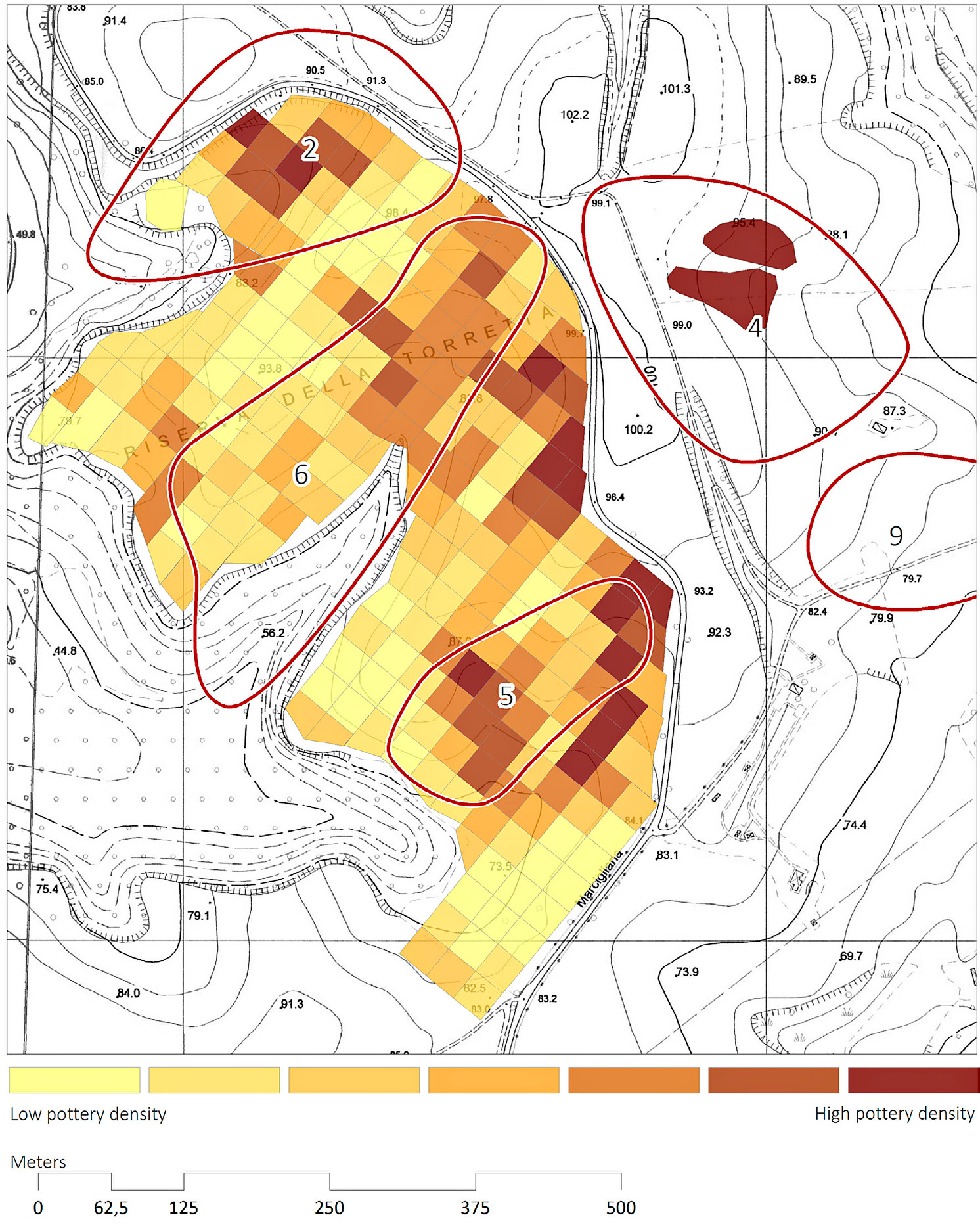 Fig. 9 – The areas of soil loss recorded between 1904 and 1961 in association with recorded (ceramic) surface find densities (map by authors with additional data from Amoroso 2002, fig. 5).