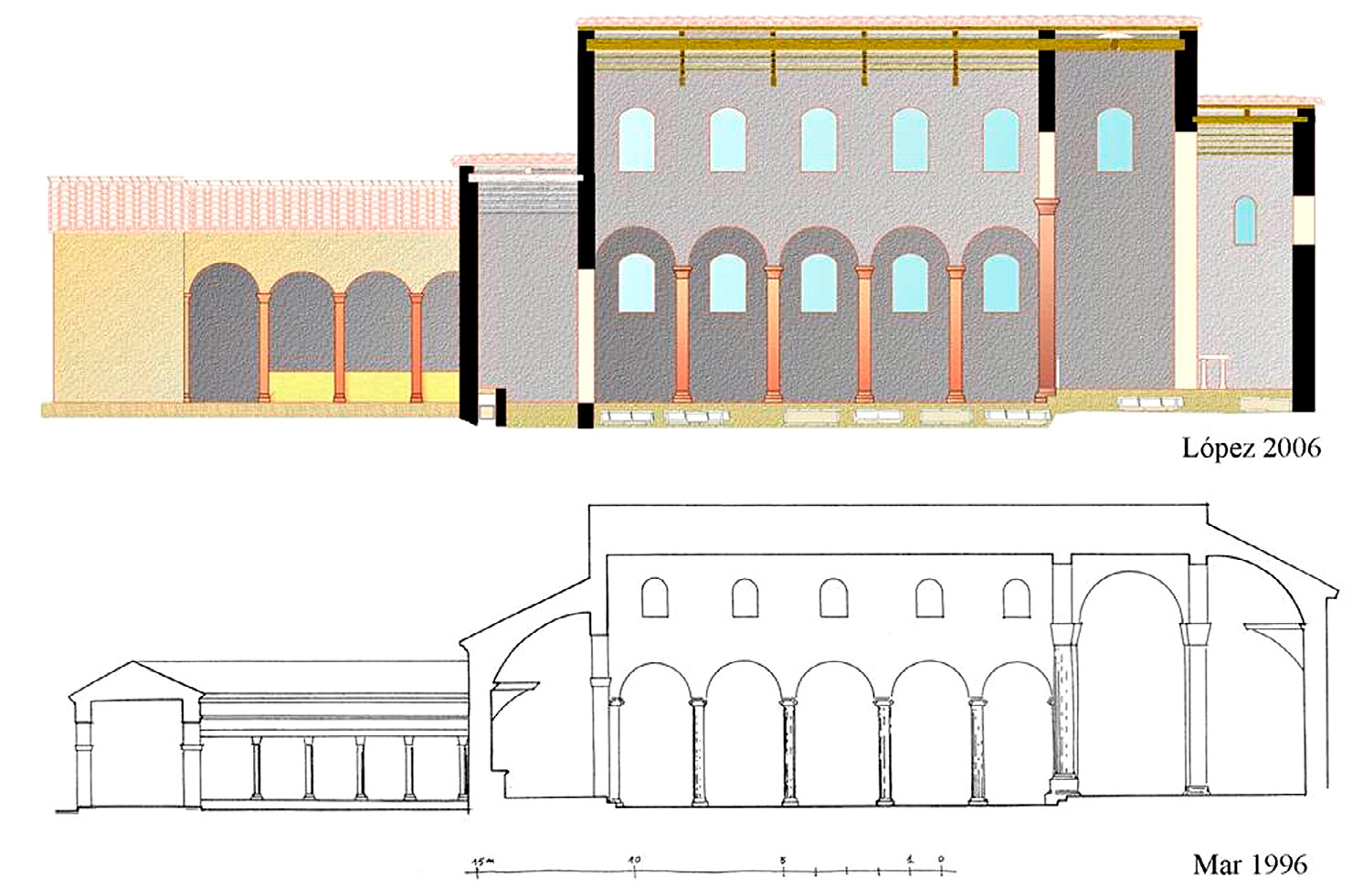 Fig. 4 – Disegno sperimentale: diverse proposte restitutive dei resti della Basilica Meridionale del Francolí (Tarragona, Spagna) (Puche 2006).