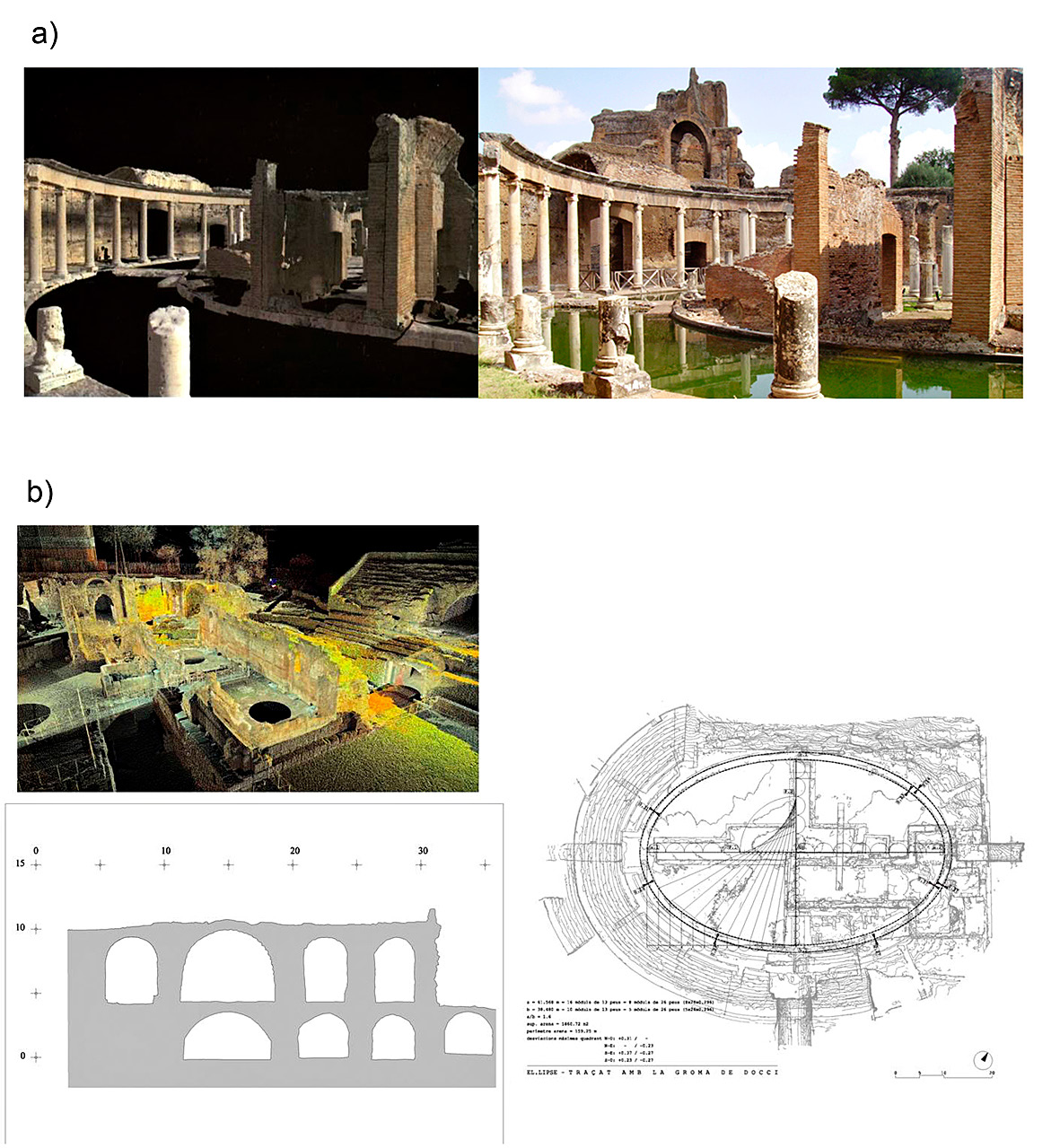 Fig. 8 – a) Fotografia e scansione laser del Teatro Marittimo di Villa Adriana. Concettualmente non c’è alcuna differenza fra la realtà e la sua rappresentazione (il clone). b) Riduzione di una immagine 3D a immagine 2D. Anfiteatro di Tarragona: pianta e sezione.