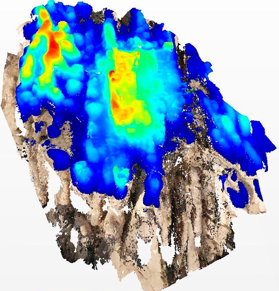 Fig. 5 – Modello numerico a nuvola di punti elaborato con sistemi di riconoscimento automatico dei punti omologhi. Una mappatura a falsi colori evidenzia le aree con quote maggiori.