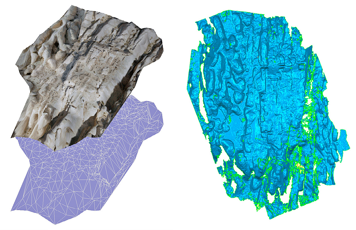 Fig. 8 – Confronto di due differenti elaborazioni: sulla sinistra il modello mesh triangolato con sistemi di fotogrammetria manuale, mentre sulla destra il modello generato da sistemi fotogrammetrici automatici ed elaborato con il virtual scan.