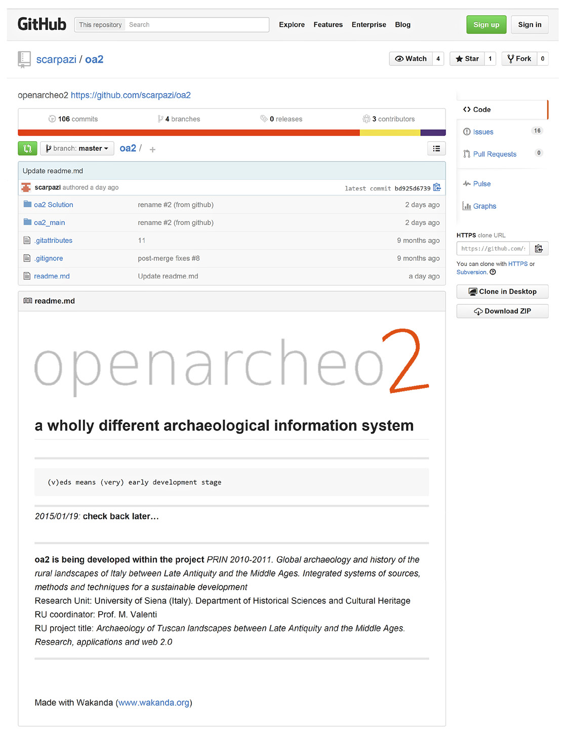 Fig. 4 – Progetto OpenArcheo2 su github (https://github.com/scarpazi/oa2/).