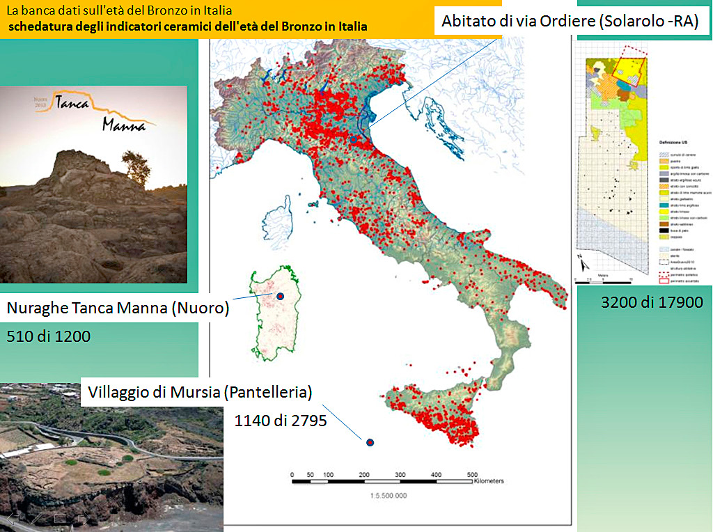 Fig. 1 – Progetti di scavi e ricerche di ambito preistorico in Italia della sezione di Preistoria e Protostoria dell’Università di Bologna con quantificazione dei reperti schedati.