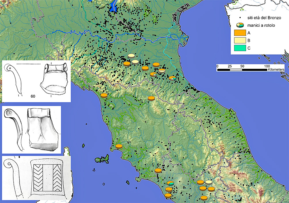 Fig. 3 – Mappa di distribuzione delle tipologie del manico a nastro con estremità a rotolo sulla base delle decorazioni (da Debandi 2009).