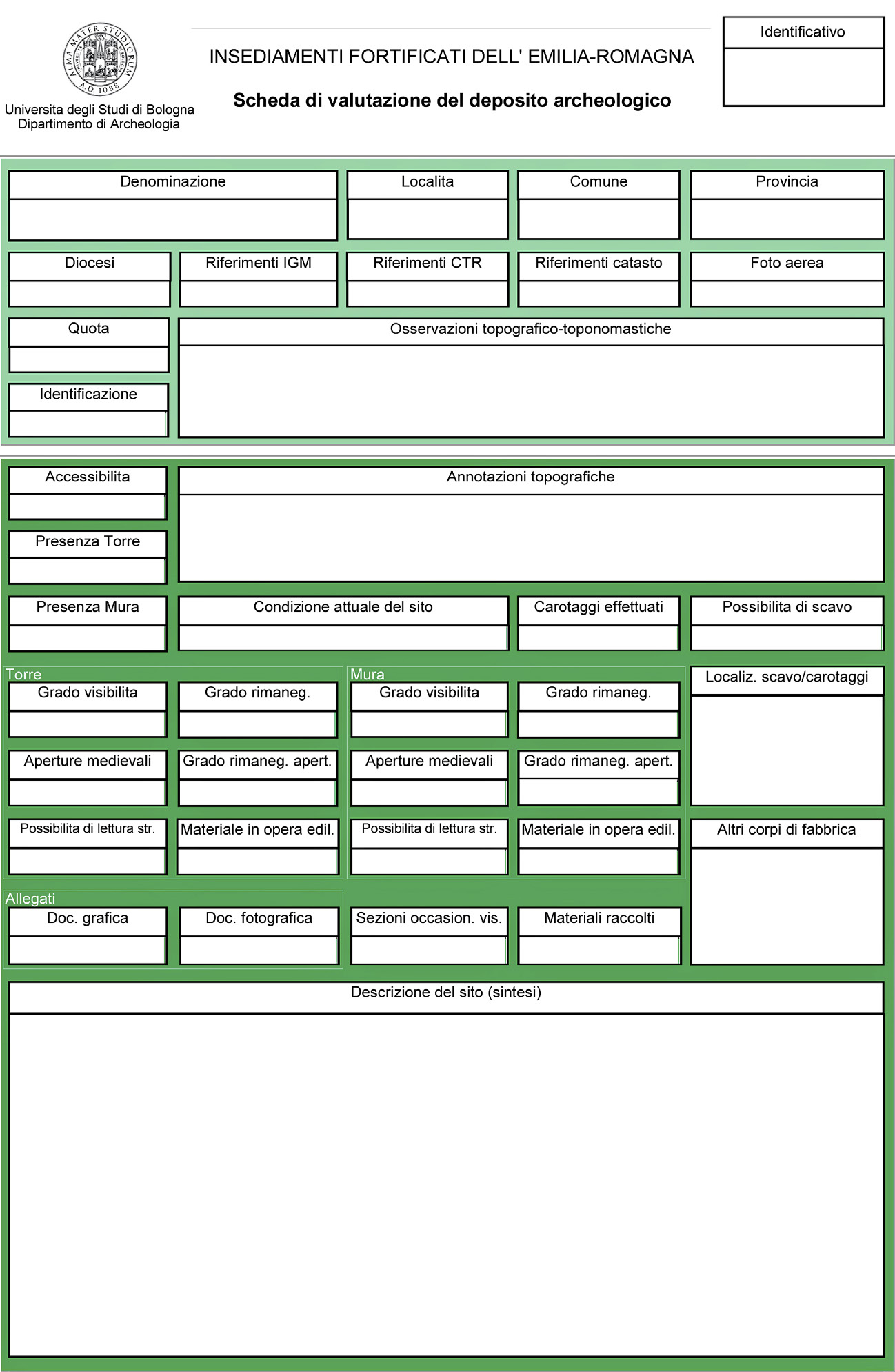 Fig. 1 – Scheda di valutazione del deposito archeologico (fronte).