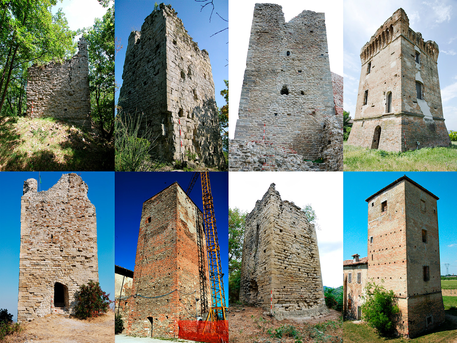 Fig. 4 – Una selezione di torri romagnole. Prima riga (a partire da sinistra): Castellaccio di Fornazzano (Brisighella); Torre Bonini (Galeata); Monte Battaglia (Casola Valsenio); Torre di Marino (Brisighella). Seconda riga (a partire da sinistra): Castello di Torriana (Torriana); Castello di Sorrivoli (Roncofreddo); Castello di Pianetto (Galeata); Torre Albicini (Ravenna).