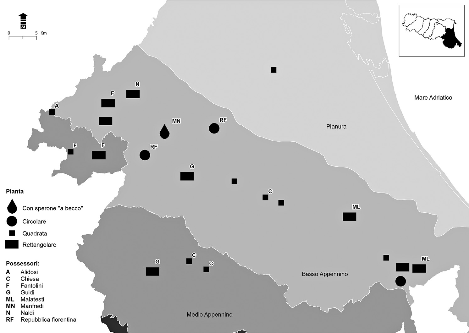 Fig. 6 – Carta di distribuzione delle torri romagnole con indicazione dei diversi settori territoriali. Per ogni edificio viene indicata la forma planimetrica e – quando storicamente accertato – il promotore del cantiere edilizio.