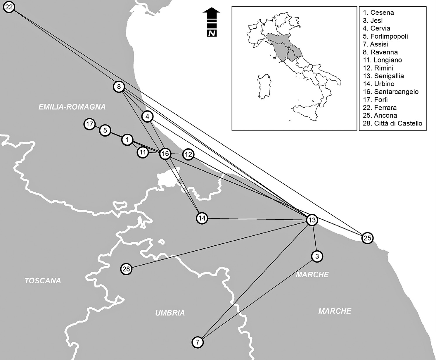 Fig. 7 – Carta dei siti interessati da manufatti di vario materiale riproducenti il “piede”. Le linee nere evidenziano le somiglianze dimensionali dei diversi campioni.