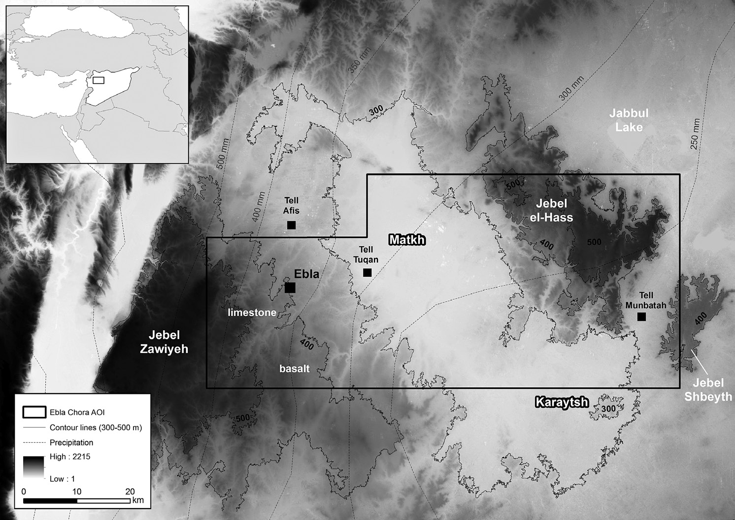 Fig. 1 – The site of Tell Mardikh-Ebla and the main ecological features of the area (on the background the Aster GDEM v. 2 2011).