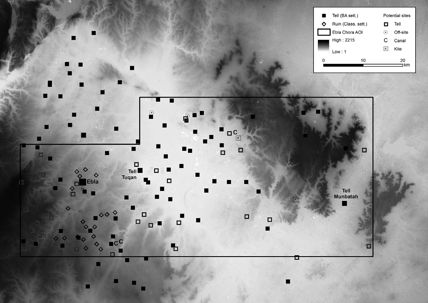 Fig. 2 – Archaeological assessment in the Eblaite chora, including the ruins of the Classical periods and potential sites (on the background the Aster GDEM v.2 2011).