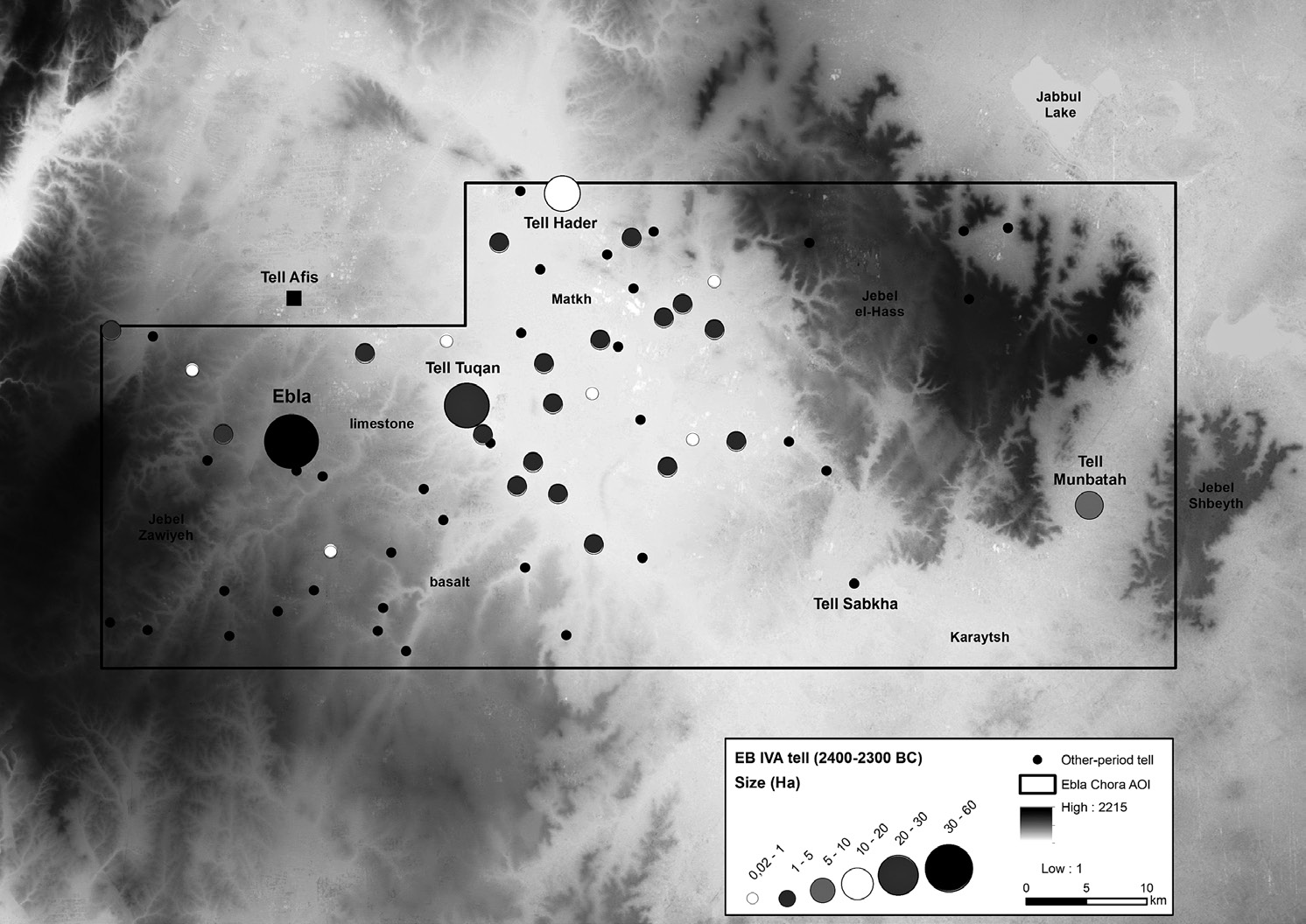 Fig. 3 – Classification of the EB IVA sites (2400-2300 BC) according to the size (on the background the Aster GDEM v.2 2011).