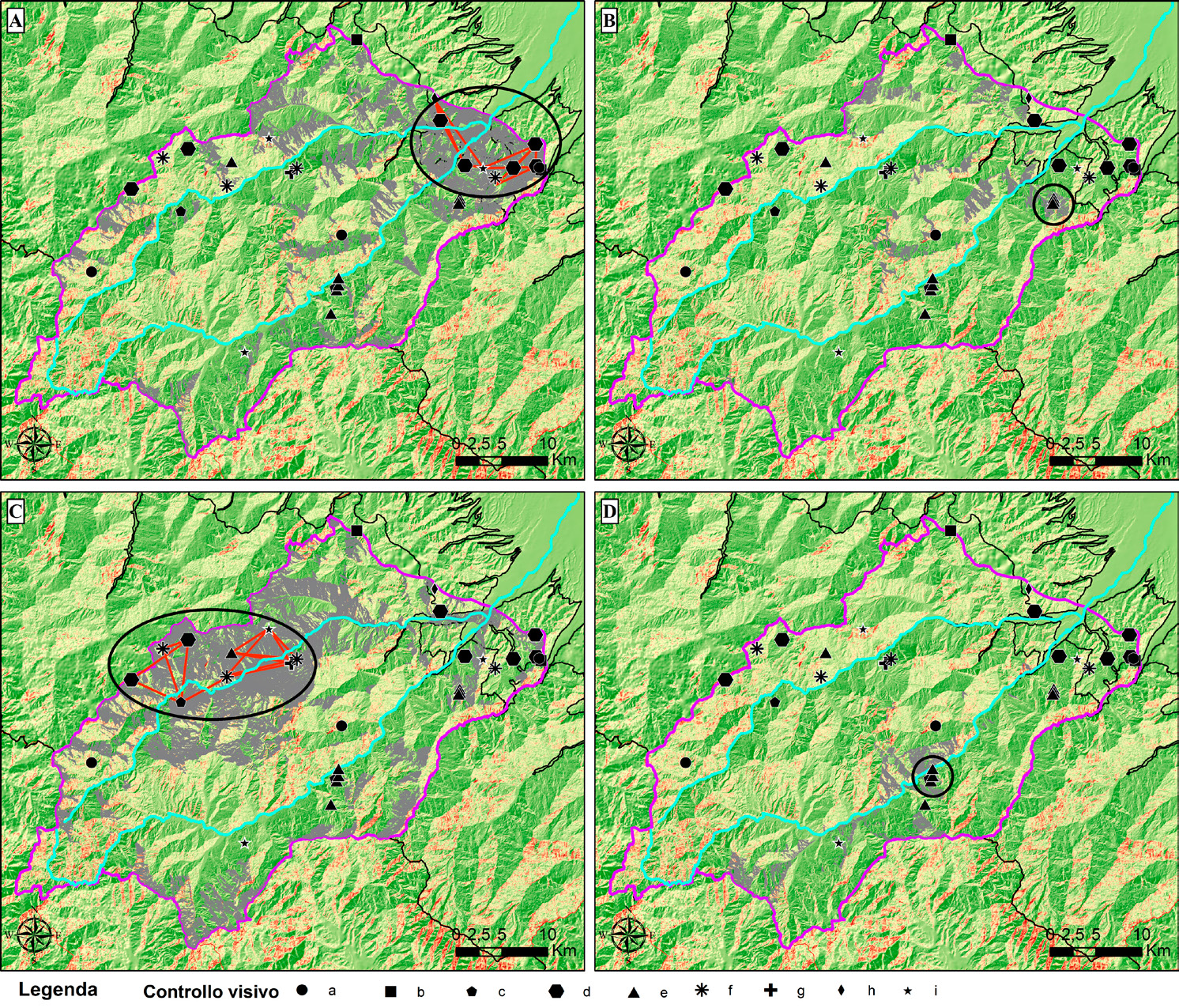 Fig. 2 – Raggruppamenti territoriali di siti in base alla loro intervisibilità: A) Gruppo orientale alla confluenza di Taro e Ceno; B) Gruppo orientale sul Taro; C) Gruppo centro-occidentale in Alta Val Ceno e D) Gruppo centro-orientale in alta Val Taro.