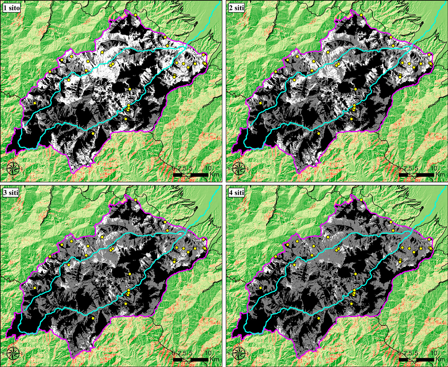 Fig. 3 – Visibilità cumulativa: la totalità dei siti ricade in porzioni di territorio visibili da almeno 4 siti.