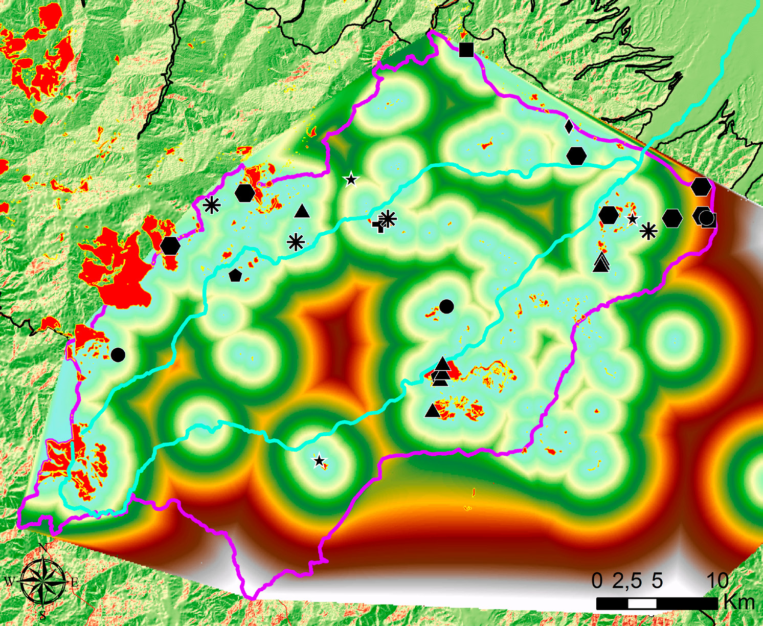 Fig. 4 – DEM della distanza di ogni cella del territorio dall’ofiolite più prossimo: i siti “cadono” nella loro quasi totalità all’interno di zone depresse (e quindi a breve distanza dall’ofiolite più prossimo).