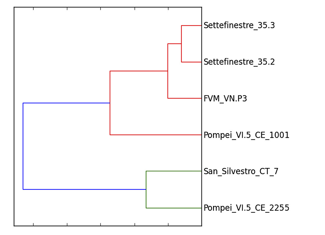 Fig. 2 – Dendrogram of the six vectors from Table 3 using Ward’s method. The cosine distance matrix revealed identical groupings as the Jaccard distance.