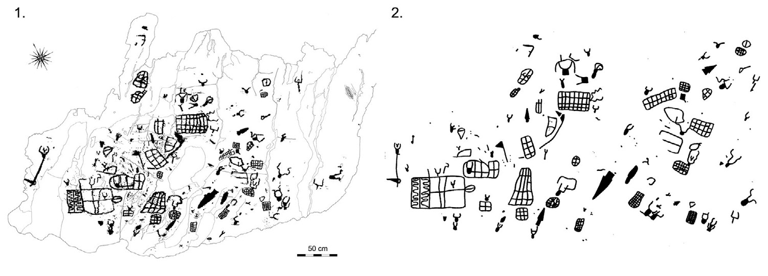 Fig. 2 – Relevés de la Roche de Rivière (ZVI.GII.R 6 A) par le Laboratoire départemental de Préhistoire du Lazaret (1) et par Amirante, Vatteone 1980 (2).