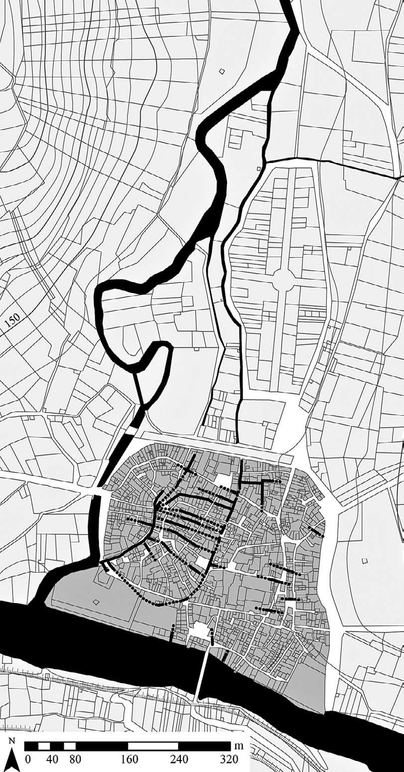 Fig. 3 – Réseau hydrographique autour et dans la ville de Saint-Antonin-Noble-Val (réal.: C. Rivals, fond de carte: cadastre napoléonien).