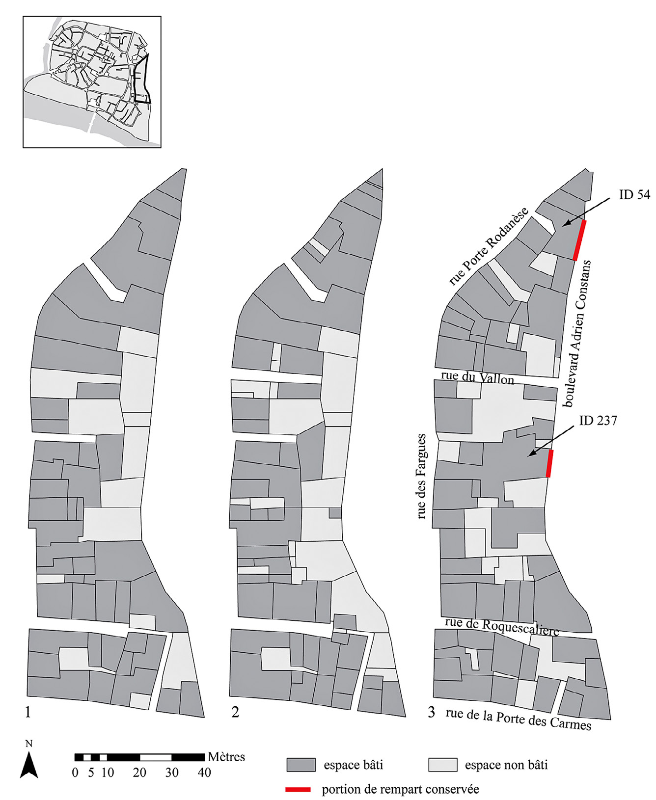 Fig. 4 – Saint-Antonin-Noble-Val, parcellaire du moulon A d’après le plan géométrique de 1782 (1), le cadastre napoléonien de 1814 (2) et le cadastre actuel (3) (réal.: C. Rivals).