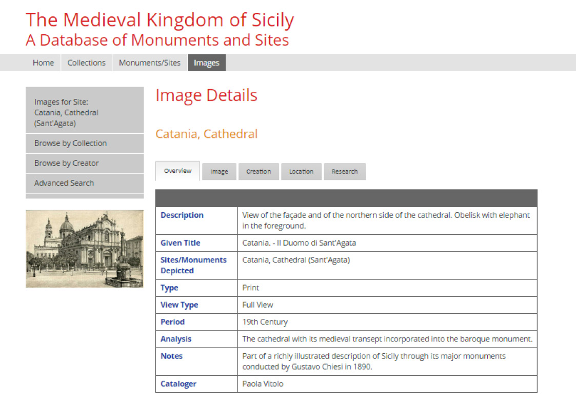 Fig. 1 – Example of an Image Entry (Catania, Cathedral). Overview field.