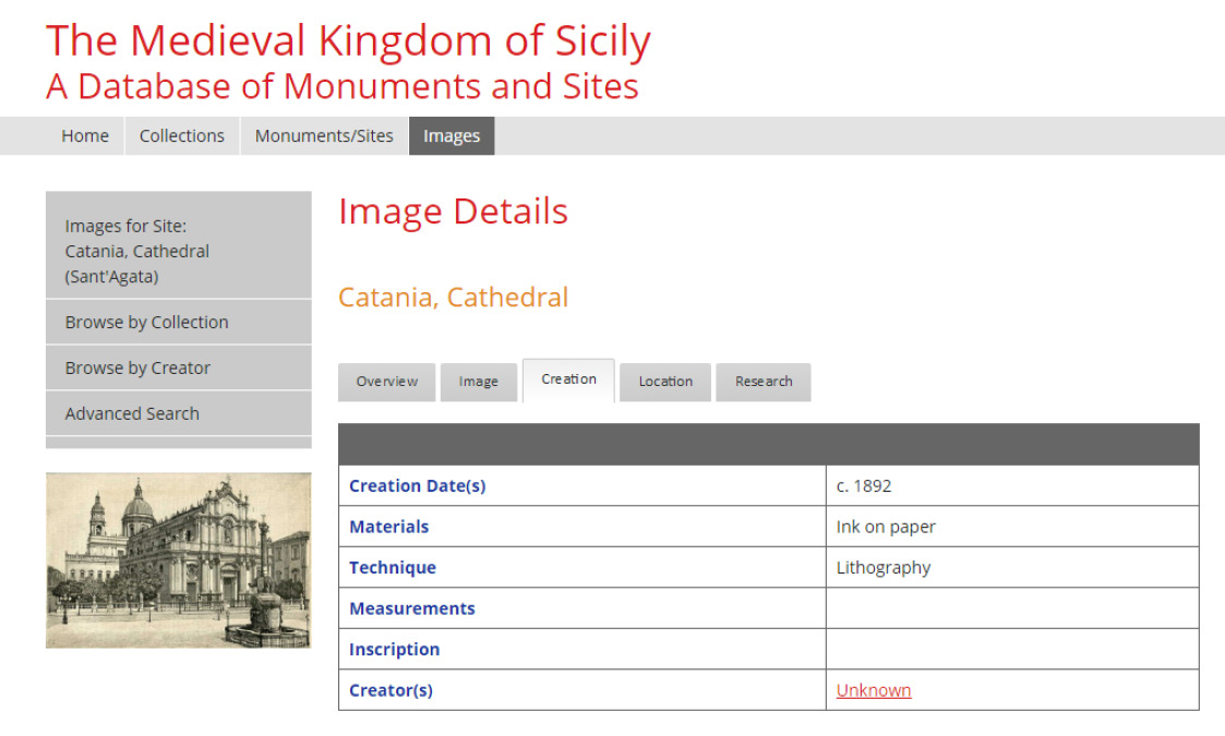 Fig. 2 – Example of an Image Entry (Catania, Cathedral). Creation field.